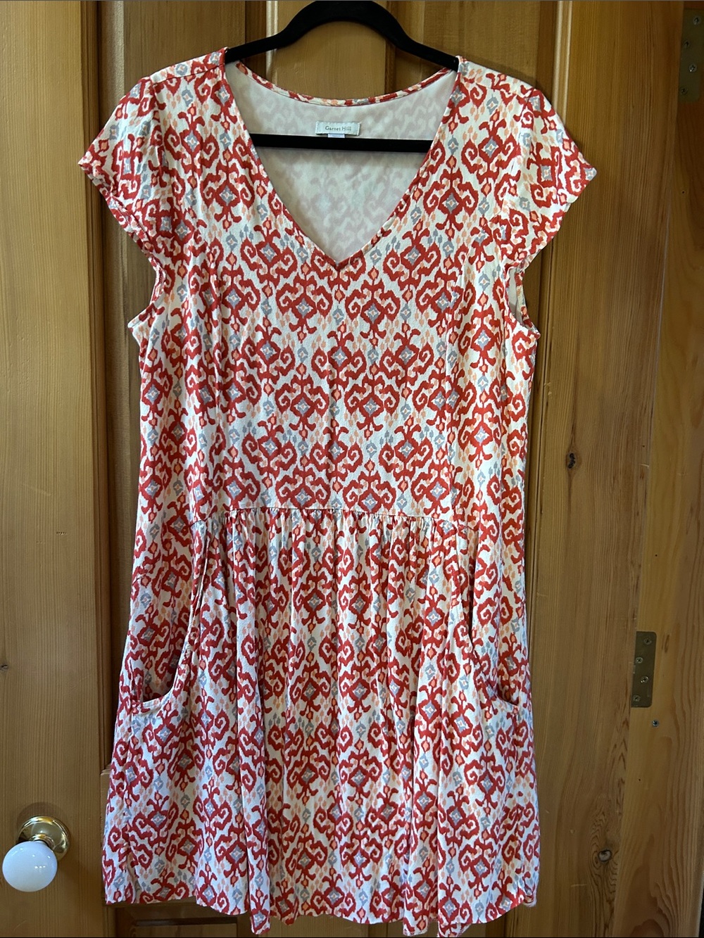 Garnet Hill Coral and White V‑Neck Cap‑Sleeve Midi Dress